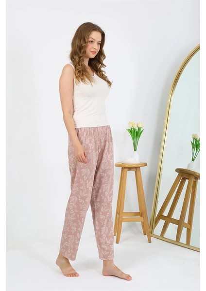 Kadın Penye Çiçek Desenli Tek Alt Pijama Pudra