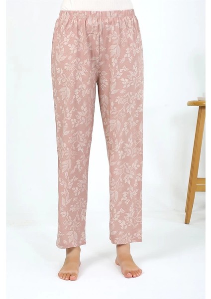 Kadın Penye Çiçek Desenli Tek Alt Pijama Pudra modelleri