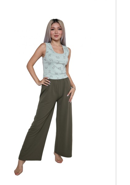 Kadın Kalın Askılı Body Bol Paça Pantolon 2`li Takım Su Yeşili