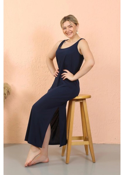 Kadın Kalın Askılı Yırtmaçlı Uzun Lacivert Gecelik