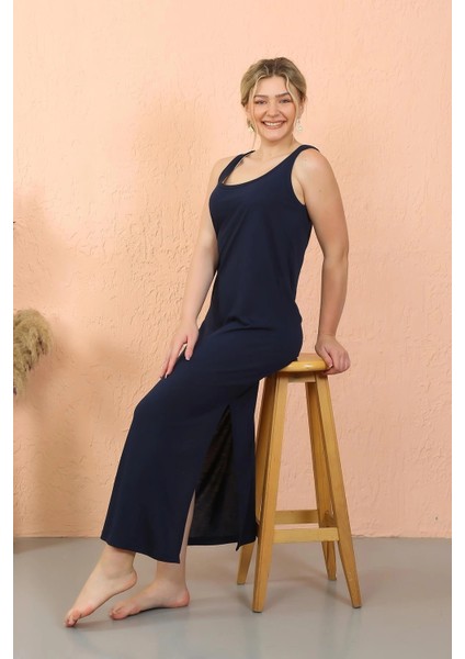 Kadın Kalın Askılı Yırtmaçlı Uzun Lacivert Gecelik modelleri