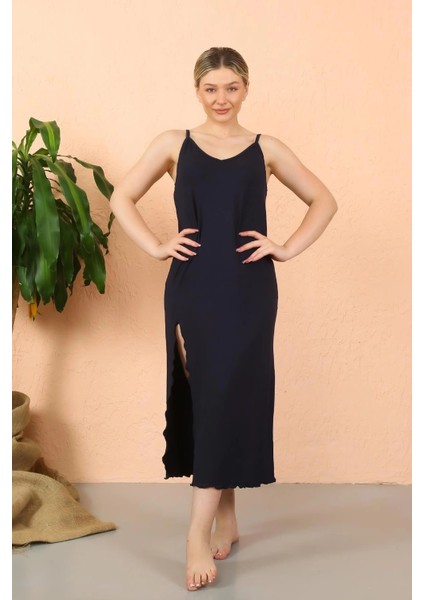 Kadın Ip Askılı Yırtmaçlı Uzun Lacivert Gecelik indirimleri