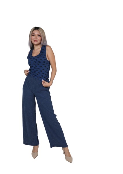 Kadın Kalın Askılı Body Bol Paça Pantolon 2`li Takım Lacivert