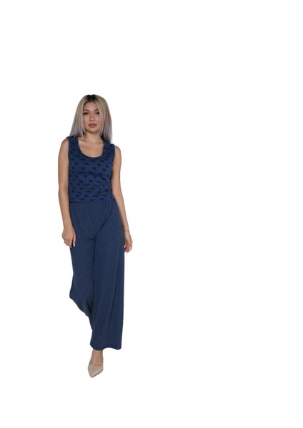 Kadın Kalın Askılı Body Bol Paça Pantolon 2`li Takım Lacivert fiyatları