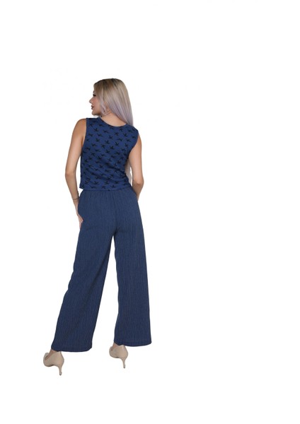 Kadın Kalın Askılı Body Bol Paça Pantolon 2`li Takım Lacivert fırsatları