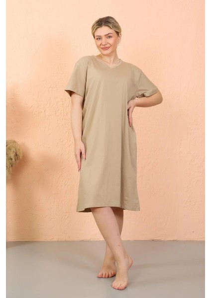 Kadın Kısa Kol Diz Altı Over Size Vizon Ev Elbisesi - Geceliği