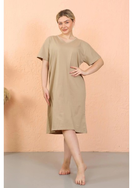 Kadın Kısa Kol Diz Altı Over Size Vizon Ev Elbisesi - Geceliği modelleri