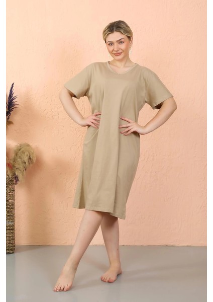 Kadın Kısa Kol Diz Altı Over Size Vizon Ev Elbisesi - Geceliği indirimleri