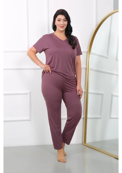 Kadın Büyük Beden Kısa Kol Penye Pijama Takımı Mürdüm fırsatları