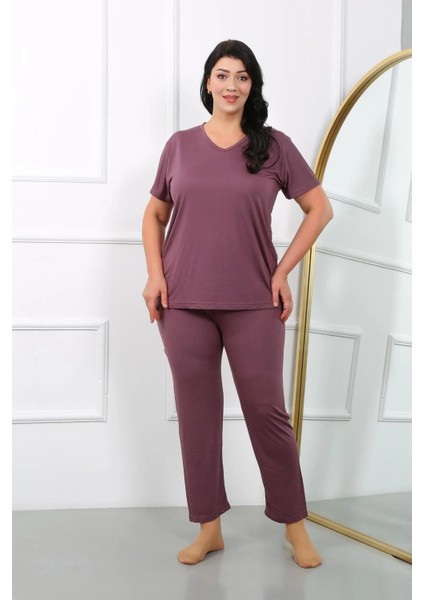 Kadın Büyük Beden Kısa Kol Penye Pijama Takımı Mürdüm indirimleri