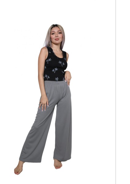 Kadın Kalın Askılı Body Bol Paça Pantolon 2`li Takım Siyah