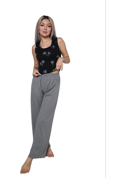 Kadın Kalın Askılı Body Bol Paça Pantolon 2`li Takım Siyah fiyatları