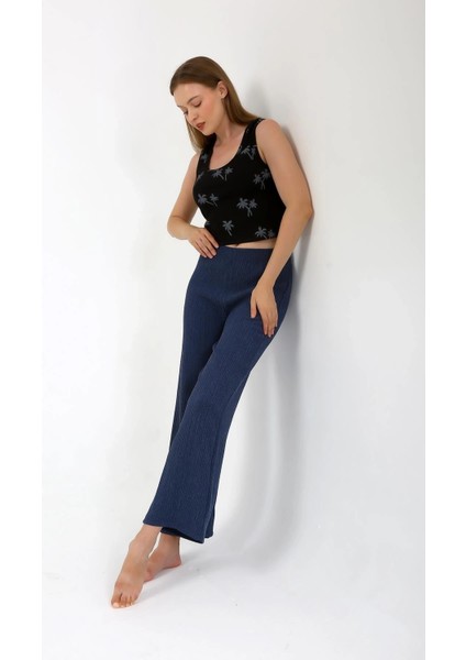 Kadın Kalın Askılı Body Bol Paça Pantolon 2`li Takım Siyah modelleri