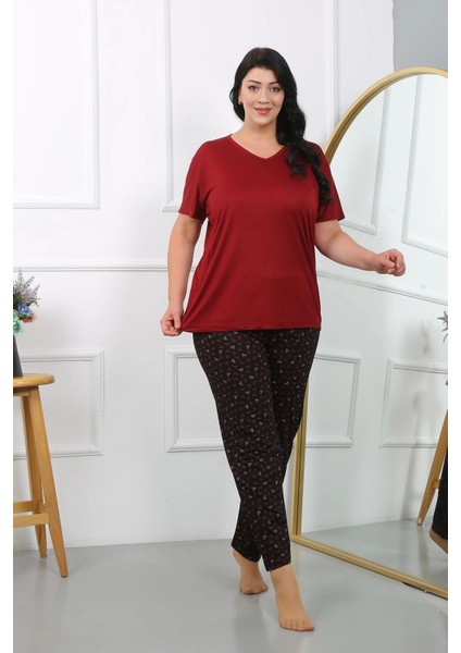 Kadın Büyük Beden Kısa Kol Penye Pijama Takımı Bordo modelleri