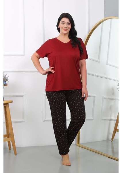 Kadın Büyük Beden Kısa Kol Penye Pijama Takımı Bordo indirimleri