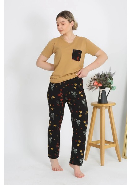 Kadın Kısa Kol Pamuk Penye Pijama Takım Hardal