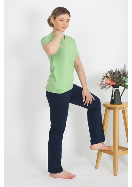 Kadın Kısa Kol Pamuk Penye Pijama Takım Fıstık Yeşili