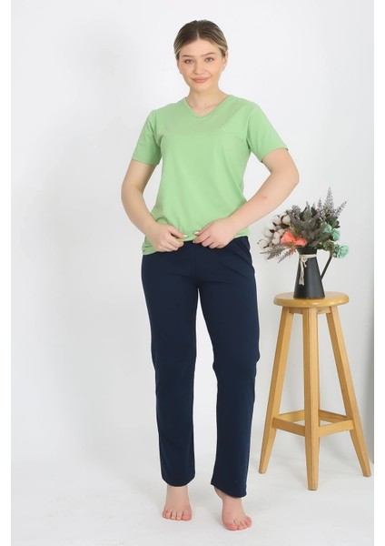 Kadın Kısa Kol Pamuk Penye Pijama Takım Fıstık Yeşili fırsatları