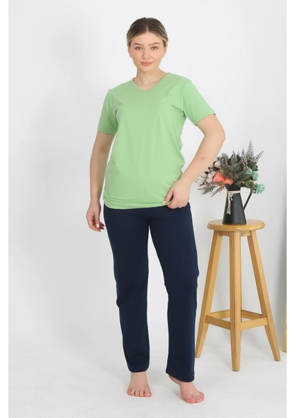 Kadın Kısa Kol Pamuk Penye Pijama Takım Fıstık Yeşili indirimleri