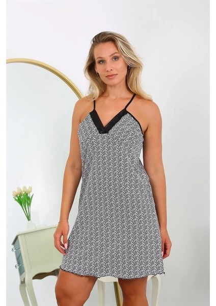 Kadın Pamuk Ip Askılı Desenli Büyük Beden Gecelik Beyaz fiyatları