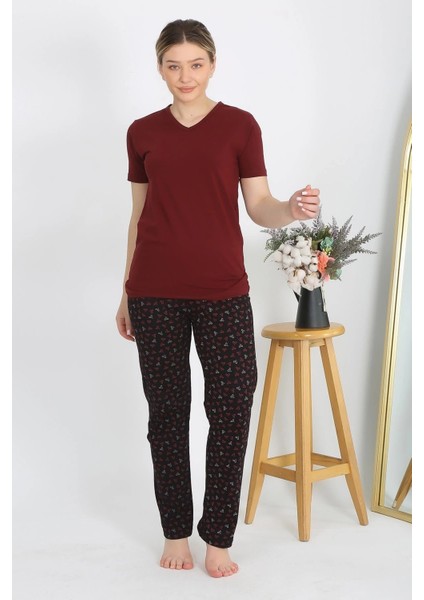 Kadın Kısa Kol Pamuk Penye Pijama Takım Bordo