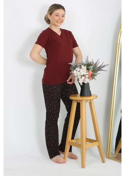 Kadın Kısa Kol Pamuk Penye Pijama Takım Bordo modelleri