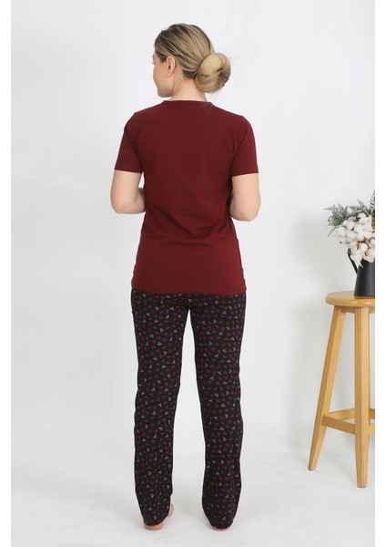 Kadın Kısa Kol Pamuk Penye Pijama Takım Bordo indirimleri