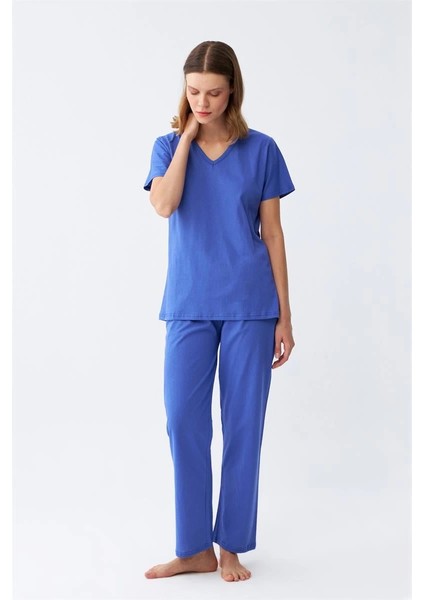 Kadın Kısa Kol Pamuk Penye Pijama Takım Saks