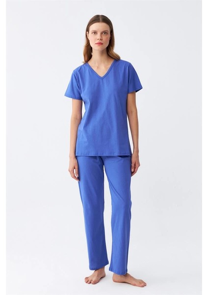 Kadın Kısa Kol Pamuk Penye Pijama Takım Saks modelleri