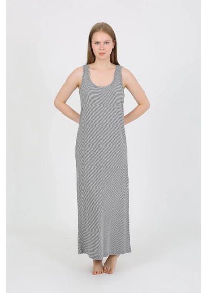 Kadın Kalın Askılı Yırtmaçlı Uzun Gri Gecelik