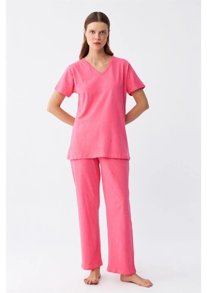 Kadın Kısa Kol Pamuk Penye Pijama Takım Fuşya fırsatları