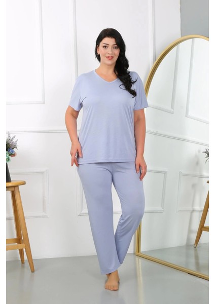 Kadın Büyük Beden Kısa Kol Penye Pijama Takımı Lila indirimleri