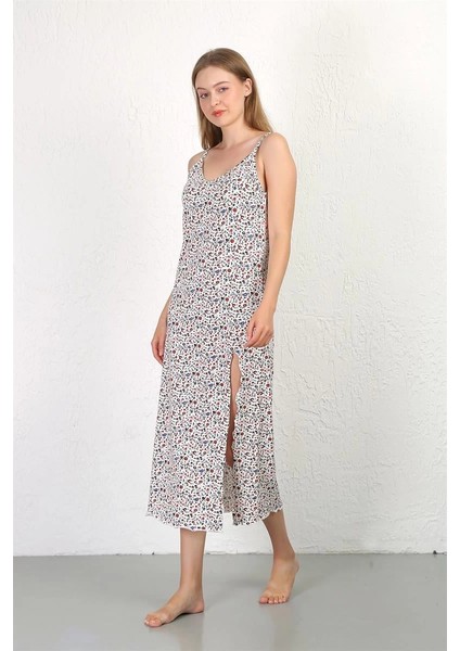 Ip Askılı Uzun Yırtmaçlı Penye Gecelik Beyaz