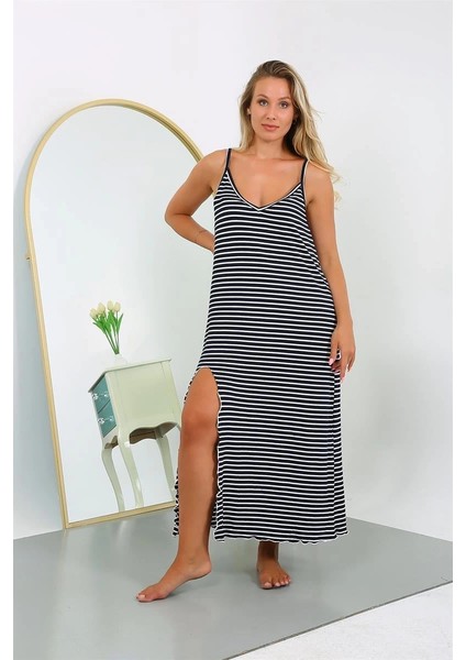 Kadın Büyük Beden Ip Askılı Pamuklu Uzun Gecelik