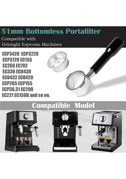 Delonghi ECP3420/EC155/BCO430/EC260 Için 51MM Dipsiz Portafilter 2 Kulaklar Espresso Portafilter Yedek Parçaları (Yurt Dışından) modelleri