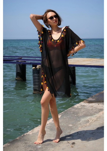 Kadın Işlemeli Tunik Pareo Plaj Elbisesi Siyah