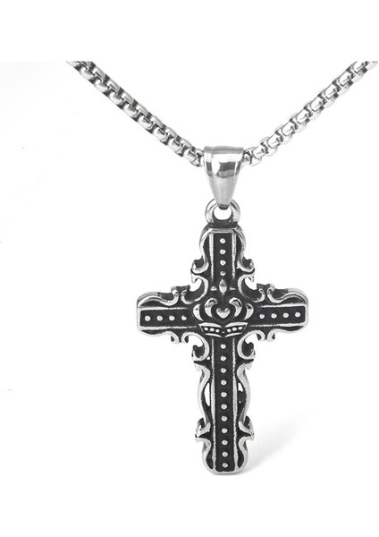 55 cm Paslanmaz Çelik Hip Hop Retro Haç Kolye, Titanyum Çelik Unisex Uzun Kazak Kolye (Yurt Dışından)