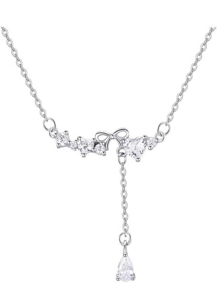 Kadınlar Için Püsküllü Köprücük Kemiği Zincirli 999 Ayar Gümüş Yaylı Kalp Damla Kolye (Yurt Dışından)