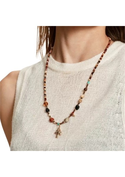 Doğal Taş Renkli Boncuklu Kolye, Vintage Kazak Köprücük Kemiği Zinciriyle Katmanlı (Yurt Dışından) fiyatları