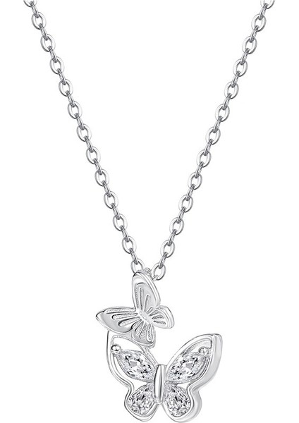 Kadınlar Için 999 Ayar Gümüş Fransız Zirkonyum Kelebek Kolye, Çift Kelebek Klavikula Zinciri (Yurt Dışından)