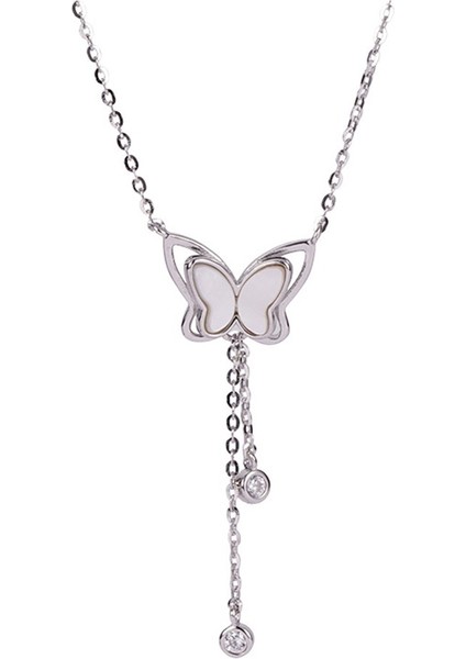 Kadınlar Için Zirkonyum Püsküllü S925 Ayar Gümüş Deniz Kabuğu ve Kelebek Kolye, Köprücük Kemiği Zinciri (Yurt Dışından)
