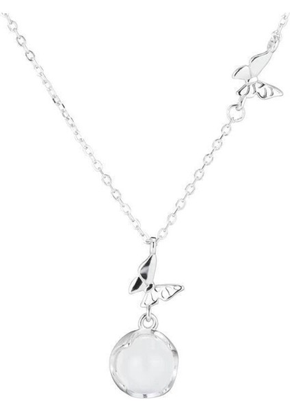 S999 Saf Gümüş Beyaz Kalsedon Çift Kelebek Kolye/gerdanlık (Yurt Dışından)