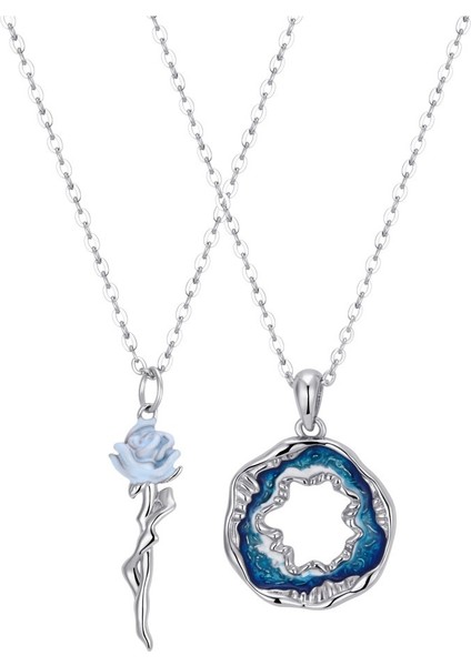 Mavi Gül Çift Kolye, 999 Ayar Gümüş (Yurt Dışından) fiyatları