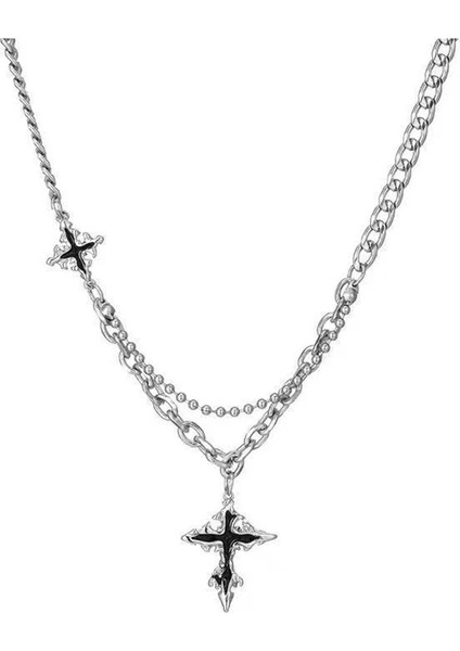 Erkekler Için Siyah Haç Kolye, Kadınlar Için Hip-Hop Tarzı Kazak Zinciri (Yurt Dışından)