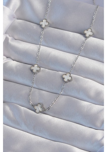 316L Çelik Gümüş Renk Minimal Beyaz Sedefli Yonca Kolye - TJ-BKO9001