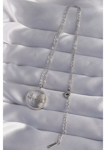 316L Çelik Zincir Gümüş Renk Zirkon Taşlı Yıldız Figürlü Oval Kolye - TJ-BKO9024 fiyatları