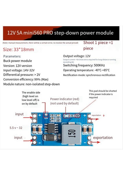 Dc-Dc MINI560 Dc Adım Down Düzenlenmiş Güç Kaynağı Modülü Yüksek Verimlilik Çıkışı 12V (Yurt Dışından) modelleri