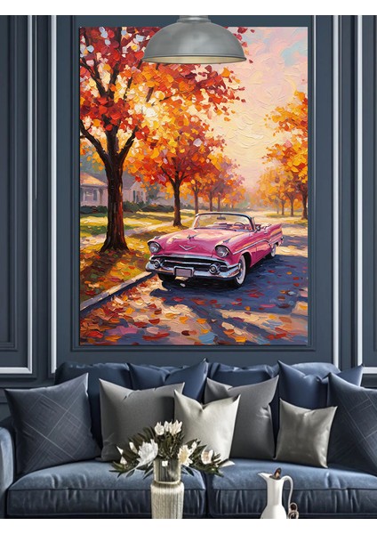 Sonbahar ,yaprak Ağaç ve Pembe Retro Araba Dekoratif Kanvas - Mdf Ahşap Tablo fiyatları