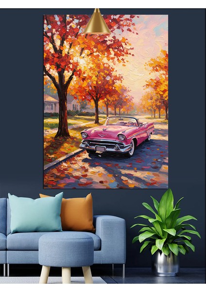 Sonbahar ,yaprak Ağaç ve Pembe Retro Araba Dekoratif Kanvas - Mdf Ahşap Tablo fırsatları