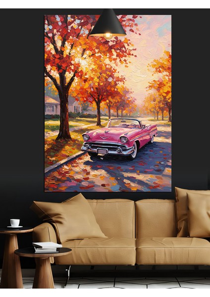 Sonbahar ,yaprak Ağaç ve Pembe Retro Araba Dekoratif Kanvas - Mdf Ahşap Tablo indirimleri